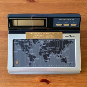 1987 Howard Miller World Touch Time Alarm Clock with original packaging